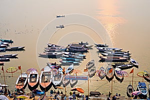 India. Varanasi Benares Uttar Pradesh. The river Ganges at sunrise