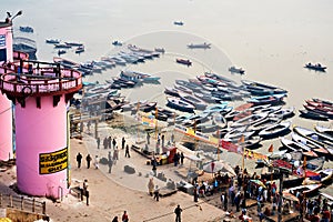 India. Varanasi Benares Uttar Pradesh. The river Ganges at sunrise