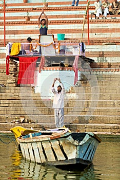 India. Varanasi Benares Uttar Pradesh. Sacred ablutions on the river Ganges