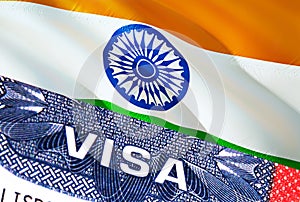 India Visa Document, with India flag in background. India flag with Close up text VISA on USA visa stamp in passport,3D rendering.