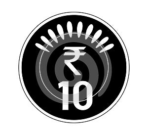 Indian 10 rupees coin. The coin is depicted in black and white.