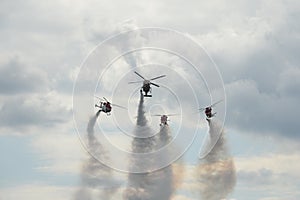 Indian Air Force SARANG aerobatic team on ALH multi-purpose helicopters in the sky of the MAKS-2021 International Aviation and Spa