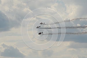 Indian Air Force SARANG aerobatic team on ALH multi-purpose helicopters in the sky of the MAKS-2021 International Aviation and Spa