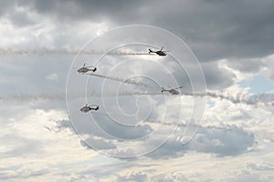 Indian Air Force SARANG aerobatic team on ALH multi-purpose helicopters in the sky of the MAKS-2021 International Aviation and Spa