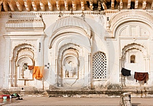 Indian architecture example. Old walls of indian family house with carvings and decoration, India