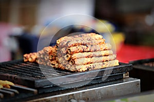 Indian asian chicken tikka, shish, kofta kebabs marinated in spices on charcoal barbeque at culture festival market