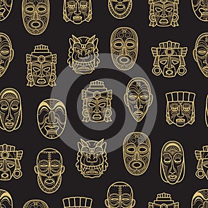 Indian aztec and african historic tribal mask seamless pattern