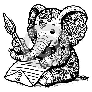 Indian baby elephant writes a letter. Raster, generative ai. Coloring book adults and children