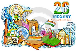 Indian background showing its incredible culture and diversity with monument, festival celebration for 26th January