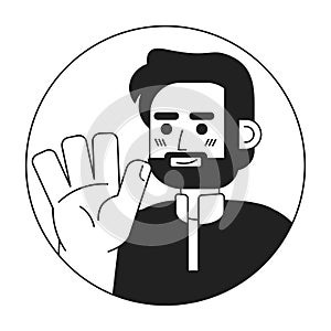 Indian bearded senior man waving hand greeting black and white 2D vector avatar illustration