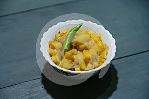 Indian Bengali Food Puri or Luchi with Aloo Sabji . Indian Poori is a bread deep fried in refined oil.