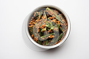 Indian Bharwa Bhindi or masala fried Okra, bhendi or ladyfinger curry