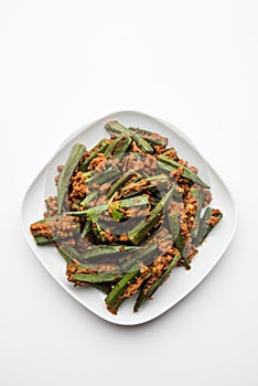 Indian Bharwa Bhindi or masala fried Okra, bhendi or ladyfinger curry