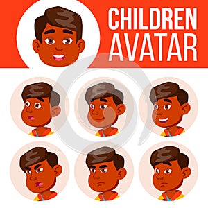 Indian Boy Avatar Set Kid Vector. Kindergarten. Face Emotions. Portrait, User, Child. Junior, Pre-school, Kiddy. Placard