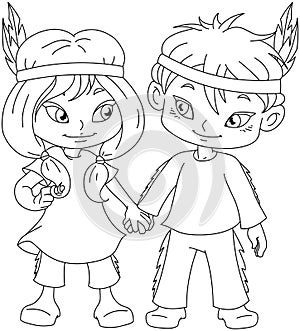 Indian Boy And Girl Holding Hands For Thanksgiving Coloring Page
