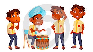 Indian Boy Kindergarten Kid Poses Set Vector. Emotional Character Playing. Playground. For Presentation, Invitation