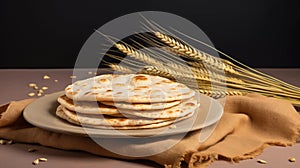 Indian Bread Roti or Chapati with Wheat Ears on Tabletop Background