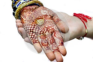 An Indian bride and groom holding their hands with ring during a Hindu wedding ritual