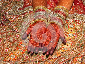 Indian bride's beautiful hand with henna tattoo