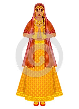 Indian bride in wedding gold lehenga dress