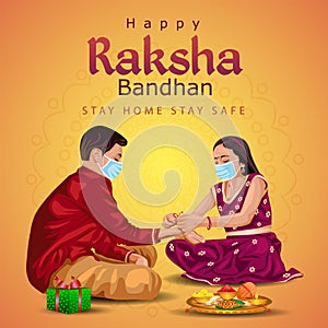 Indian brother and sister wearing surgical mask. happy Raksha Bandhan festival. Rakhi celebration in india vector illustration.