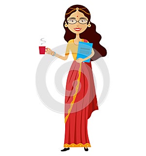 Indian business woman with a cup of tea vector flat cartoon illustration isolated