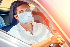 Indian businessman in car outdoors on sea beach summer good day.a man in a white shirt and mask rejoicing buying a new