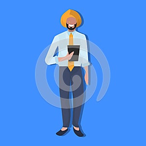 Indian businessman using tablet national traditional clothes male cartoon character full length flat photo