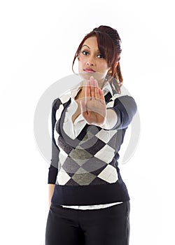 Indian businesswoman making stop gesture and showing stop