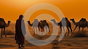 indian (camel driver) bedouin with camel silhouettes in sand dunes of Thar desert on sunset