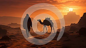 Indian camel driver bedouin with camel silhouettes in sand dunes of Thar desert on sunset. Generative AI
