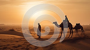 indian (camel driver) bedouin with camel silhouettes in sand dunes of Thar desert on sunset