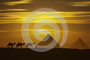 indian and camel and pyramid at sunset