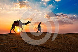 Indian cameleer camel driver with camel silhouettes in dunes on sunset. Jaisalmer, Rajasthan, India