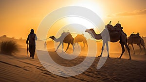 Indian cameleers bedouin with camel silhouettes in sand dunes of Thar desert on sunset. Generative ai