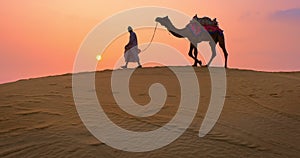 Indian cameleers camel driver with camel silhouettes in sand dunes of Thar desert on sunset.