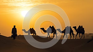 Indian cameleers with camel silhouettes in sand dunes of Thar desert on sunset. Travel tourism background adventure. generative ai