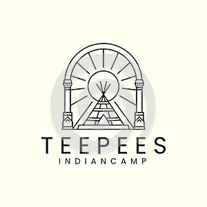 indian camp or teepees with badge and line art style logo icon template design.native, america,traditional, vector illustration