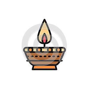 Indian candle, Diwali Diya oil lamp flat color line icon.