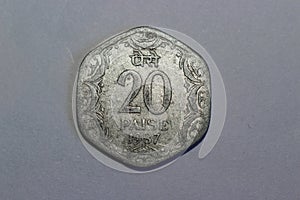 Indian 20 Paisa silver colour coin head side photo