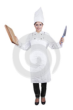 Indian chef holds knife and cutting board