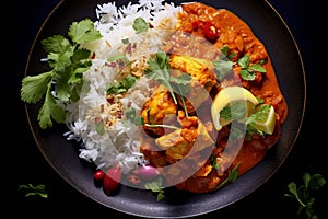 Indian chicken curry recipe served in a black plate. Ai generated