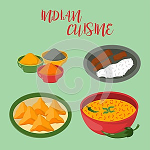 Indian chicken jalfrezi with rice and vegetable curry various spice chicken restaurant healthy cuisine food vector