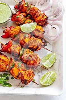 Indian Chicken Tikka Kebab with Green Chutney, Onion and Cilantro Top Down Photo