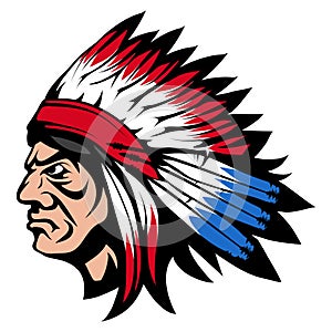 Indian chief, isolated on white background, colour illustration, suitable as logo or team mascot. American Indian Chief