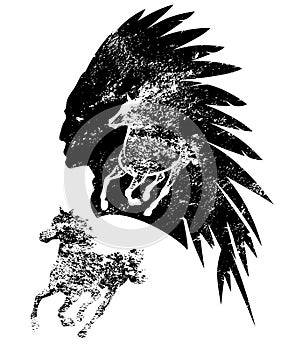 Indian chief and mustang horse vector portrait