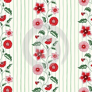 Indian Chintz Flowers and Vertical Stripes Vector Seamless Pattern