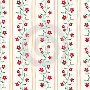 Indian Chintz Flowers and Vertical Stripes Vector Seamless Pattern