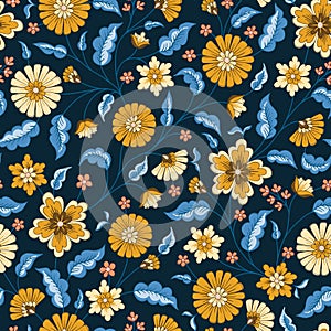 Indian Chintz Jacobean Flowers Vector Seamless Pattern