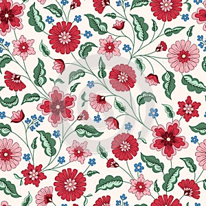 Indian Chintz Jacobean Flowers Vector Seamless Pattern